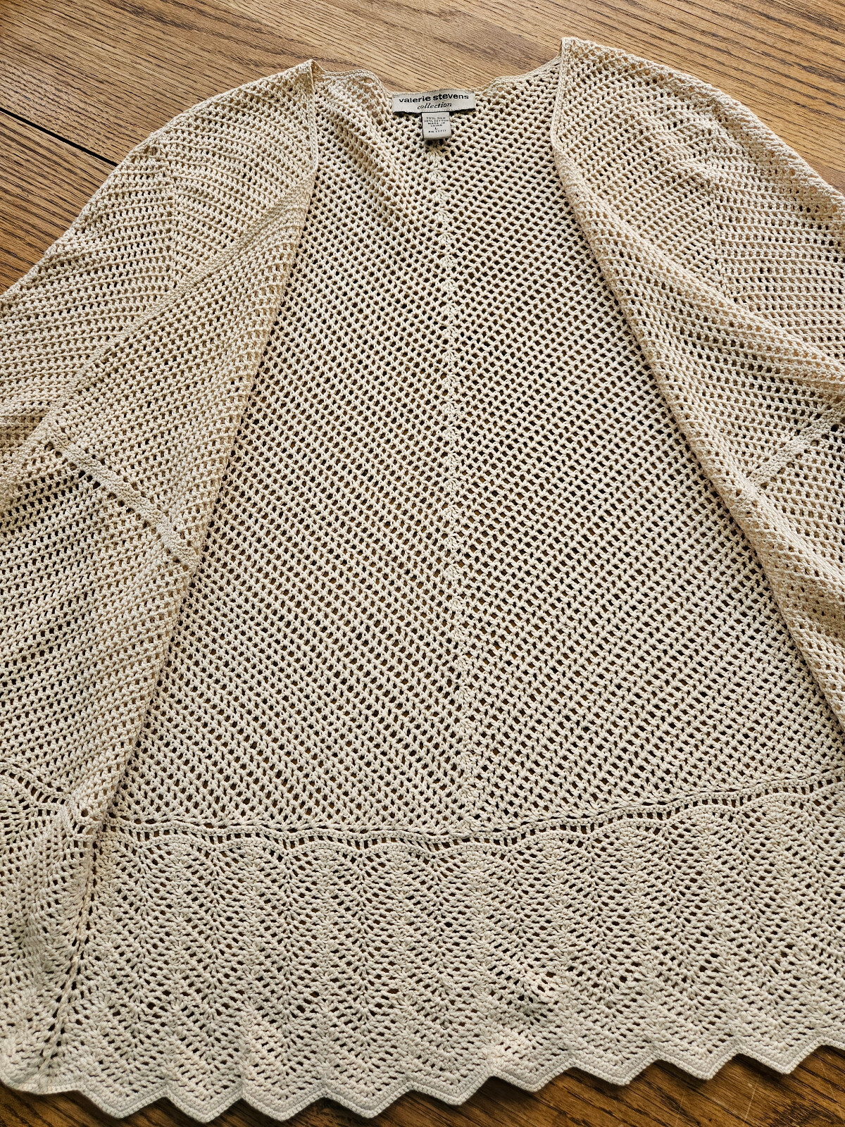 Vtg Valerie Stevens Women Vest Cardigan Crochet Beige 3/4 Sleeves Size Large