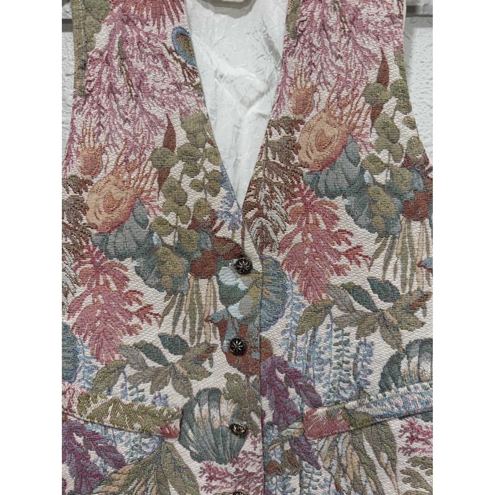 Vintage Wrapper USA Tapestry Vest Floral Woven Waistcoat Cottagecore Earthy 90s