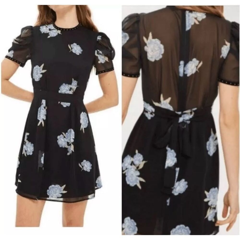 Topshop Puff Sleeve Floral Knee Length Mini Party Dress Chiffon Black Blue Sz 6