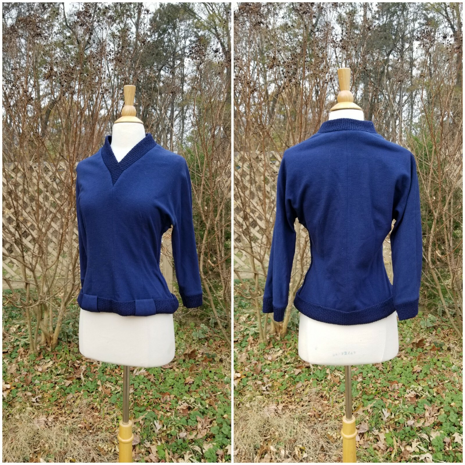 Vintage 1940-50s Mary Phillips Wool Navy Fitted pin up rockabilly Sweater Fits S