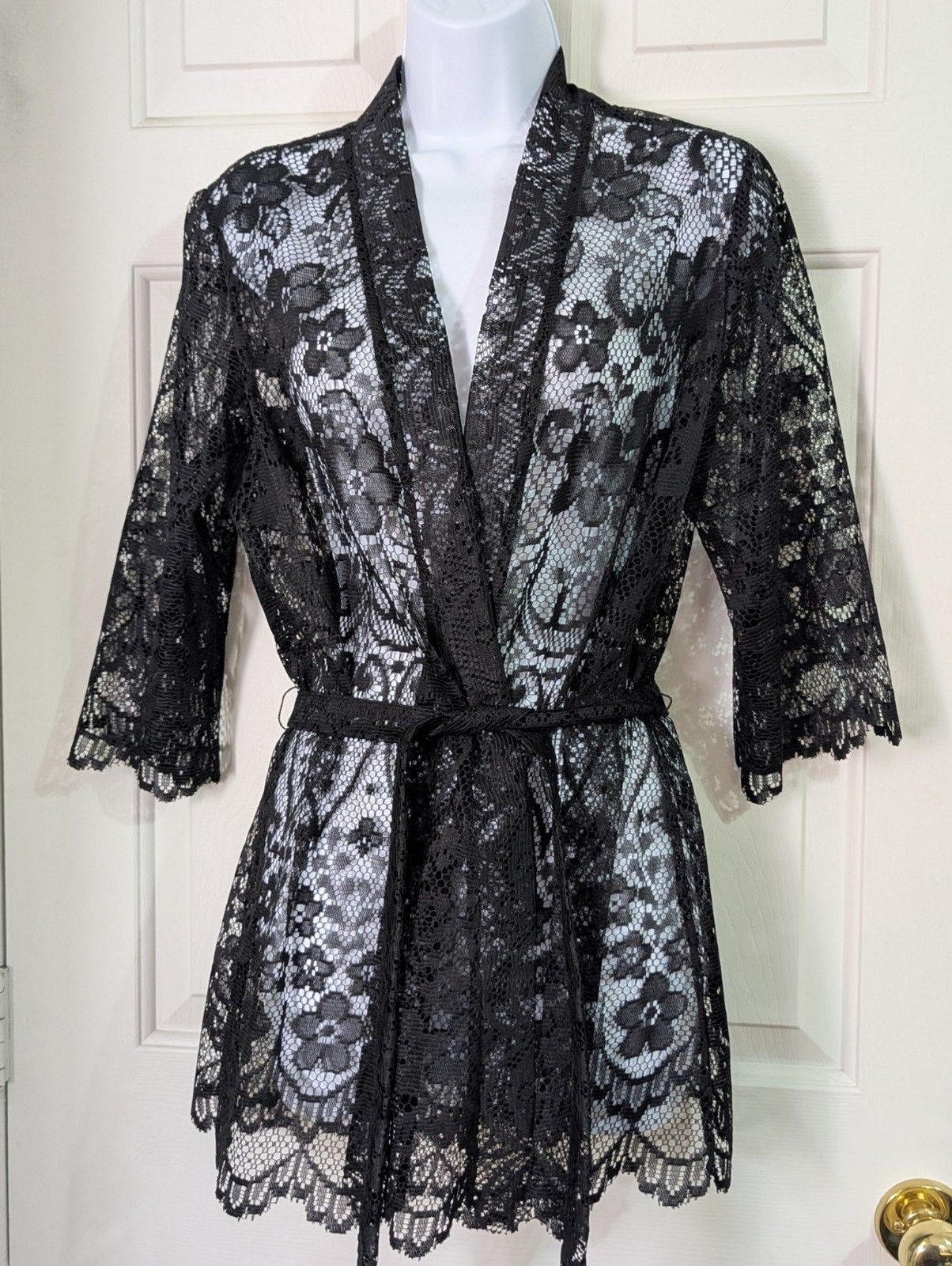 VTG Lace Duster Robe Cover Up Womens Large Black Tie Belt Lightweight Sexy Sheer