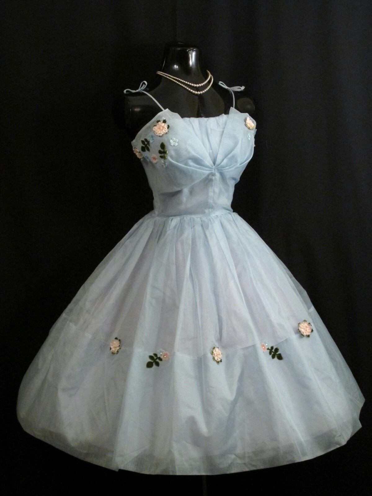 Vintage 50’s 50s Blue Applique Silk Chiffon Organza Party Prom Wedding DRESS
