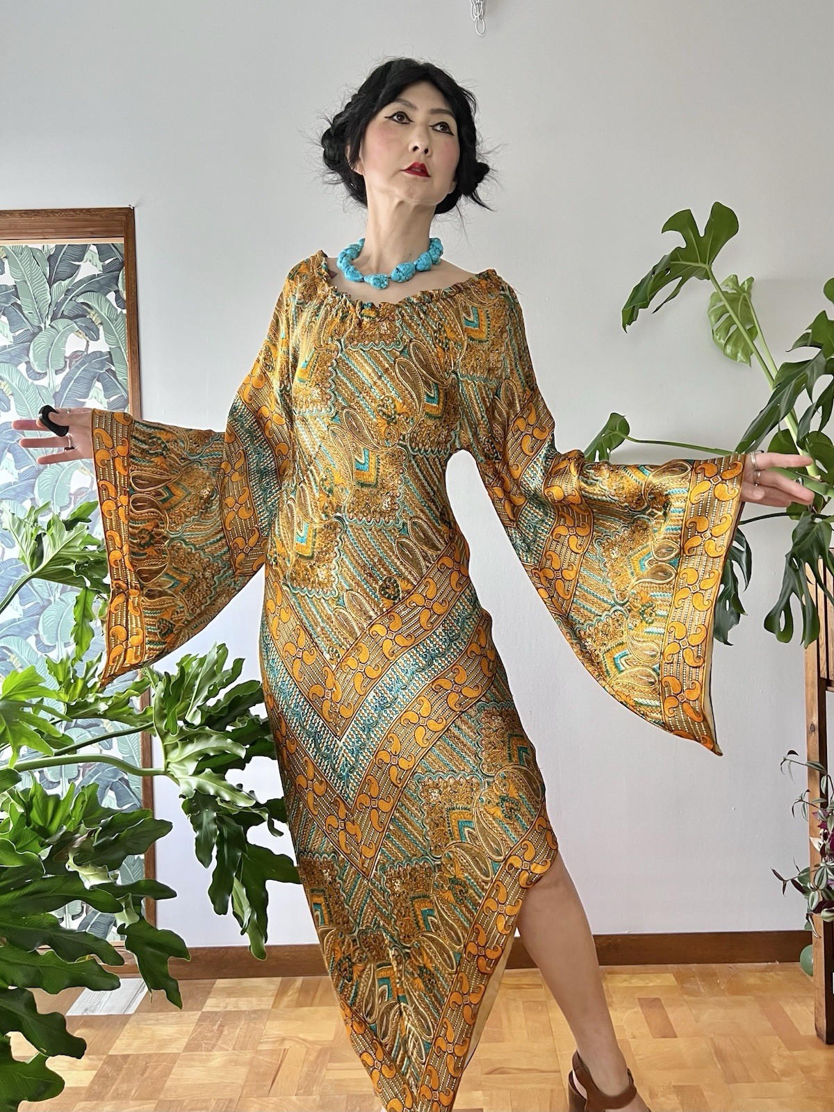 RARE 1960s 70s Psychedelic Chevron Caftan Dress Bias Cut Butterfly Sleeve Boho