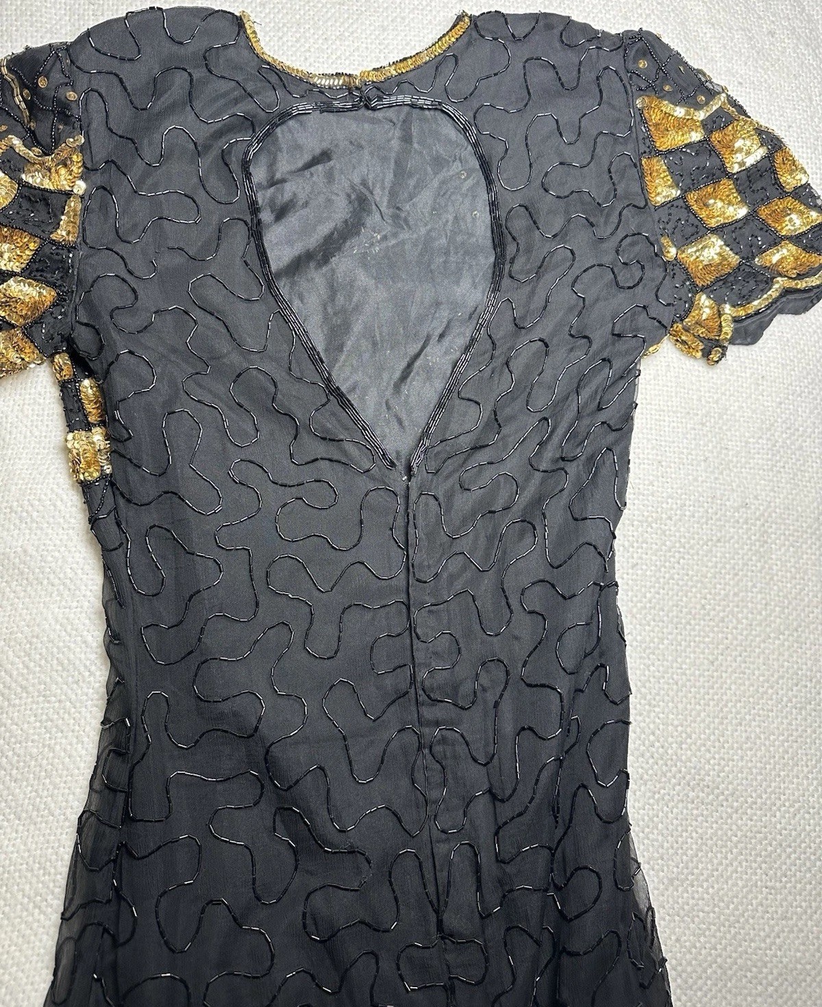 SWEELO Vintage Silk Beaded Black Gold Dress India Art Deco Sequin S 6-8
