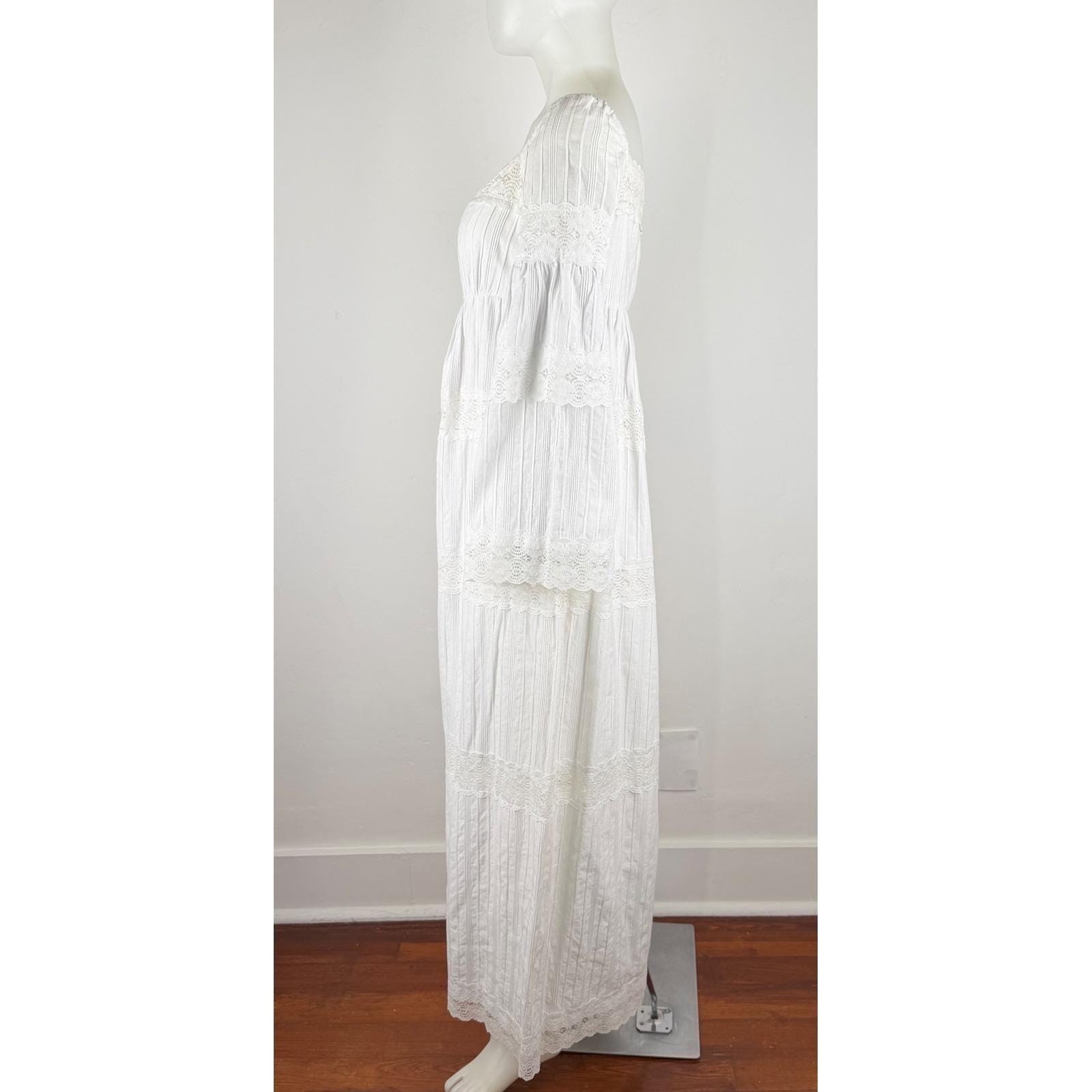 Vintage 70s White Maxi Dress Pleated Cotton Boho Wedding Cottagecore Size S