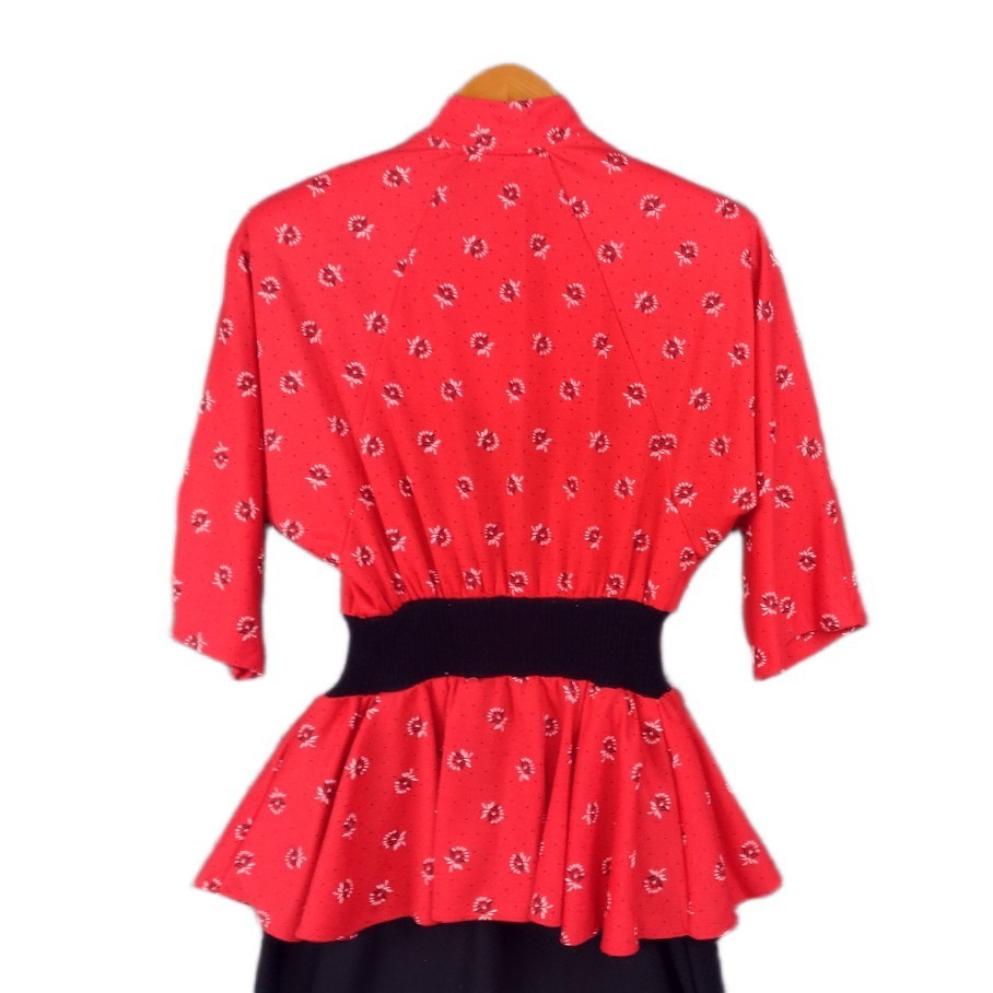 Vintage 80s/40s Dress Small Red Black Jersey Knit Peplum Dolman Sleeve