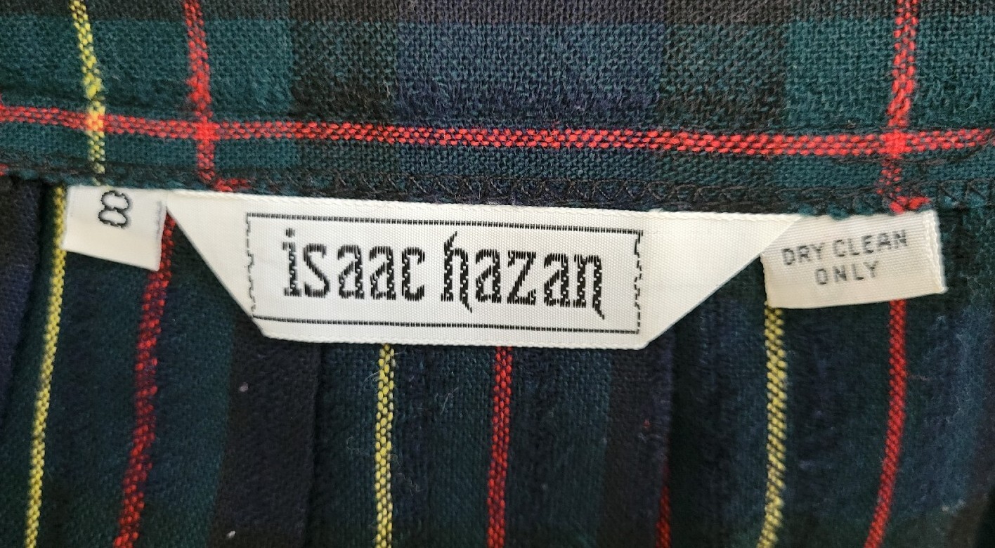 Vintage Isaac Hazan Green/Black/Red/Yellow Plaid Pleated Wool Skirt Size 8