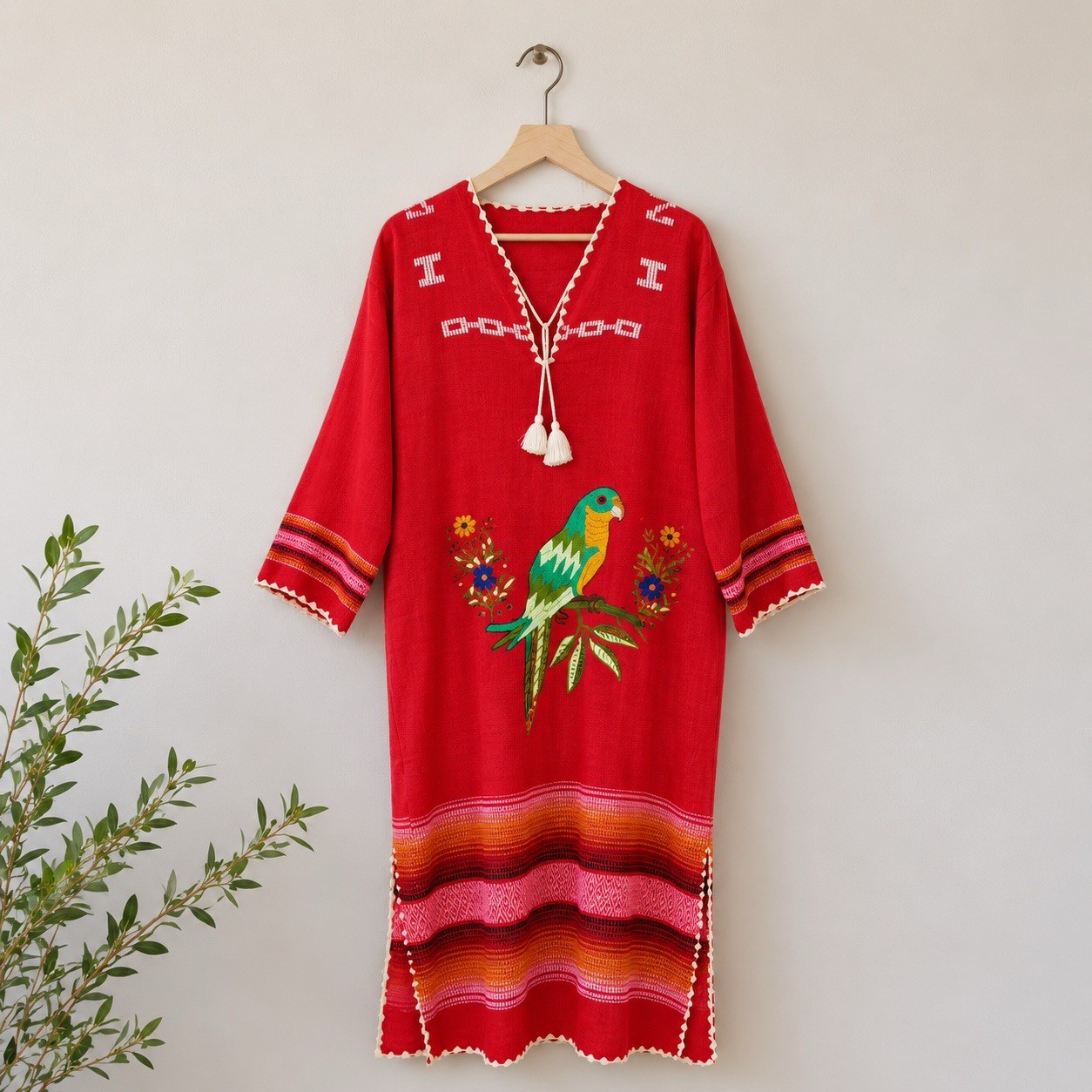 Vintage 1970s Mexican Embroidered Kaftan Dress Huipil Red Parrot Bird Floral