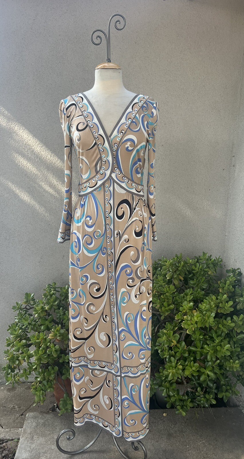 Vintage Modern 70s Emilio Pucci Maxi Dress Beige Blue Silk Polyester Sz small