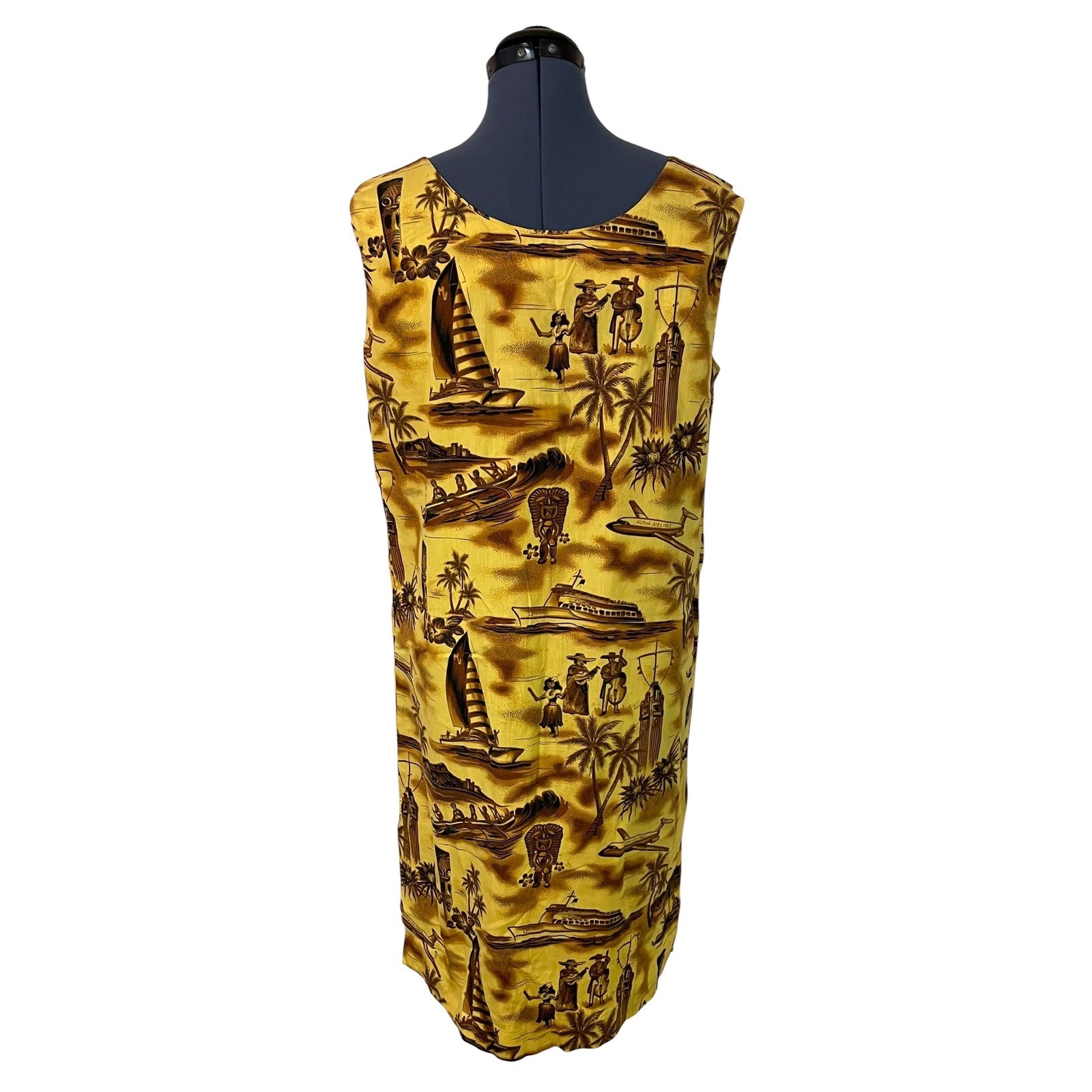 Vintage Fashions of Hawaii Yellow Aloha Airlines Tiki Sleeveless Shift Dress XL