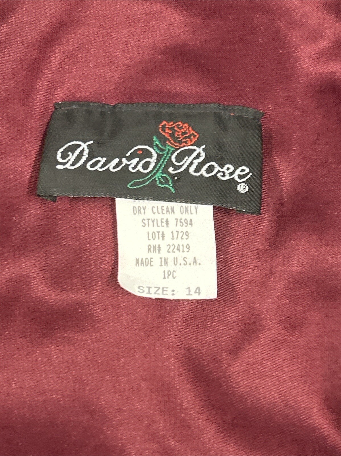 David Rose Dress Womens Size 14 Burgundy Pleated Holiday Party Vintage 80’s USA