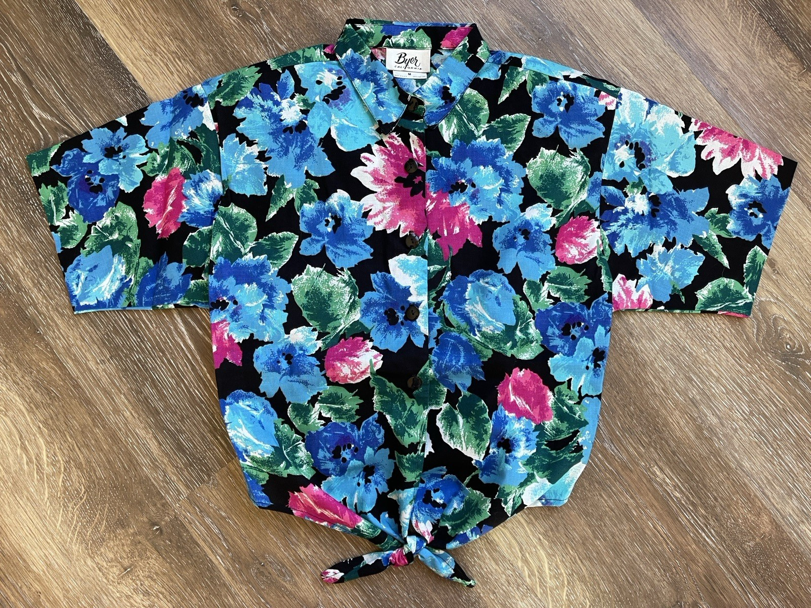 Vintage Byer California Women Top and Shorts Floral Set Black Blue Pink S & M