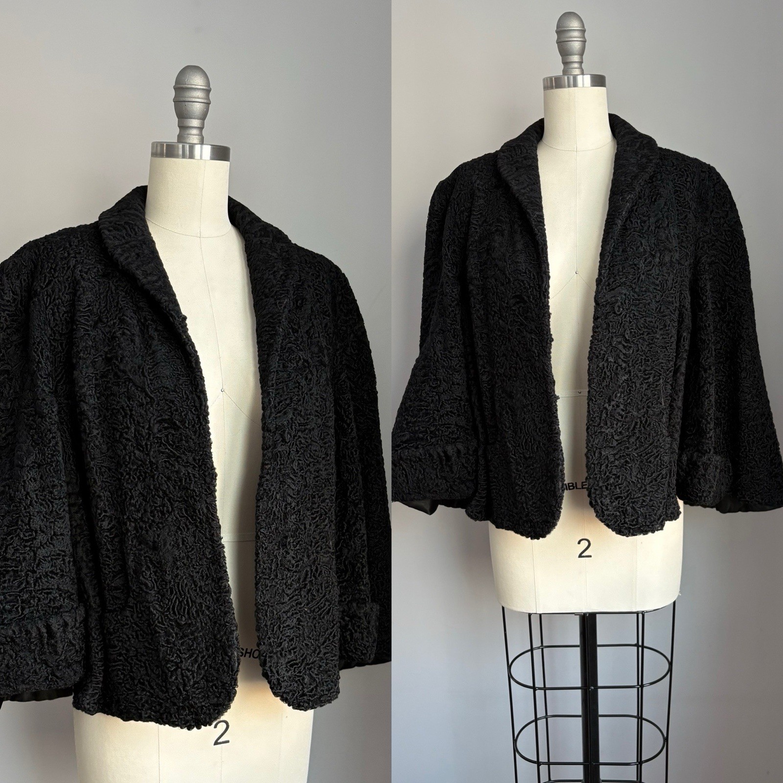 Vintage 1940’s Jet Black Curly Lamb Fur Cape Jacket Coat Size S/M