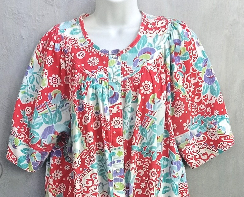 Pearl Snap House Dress Robe 1970s Colorful Patchwork Print L XL