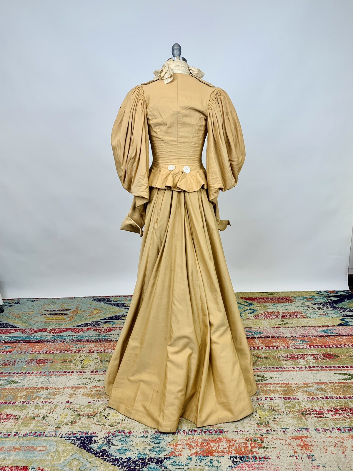 Antique Victorian 1890s Bodice & Skirt Set Tan Silk Leg of Mutton Sleeve AS IS