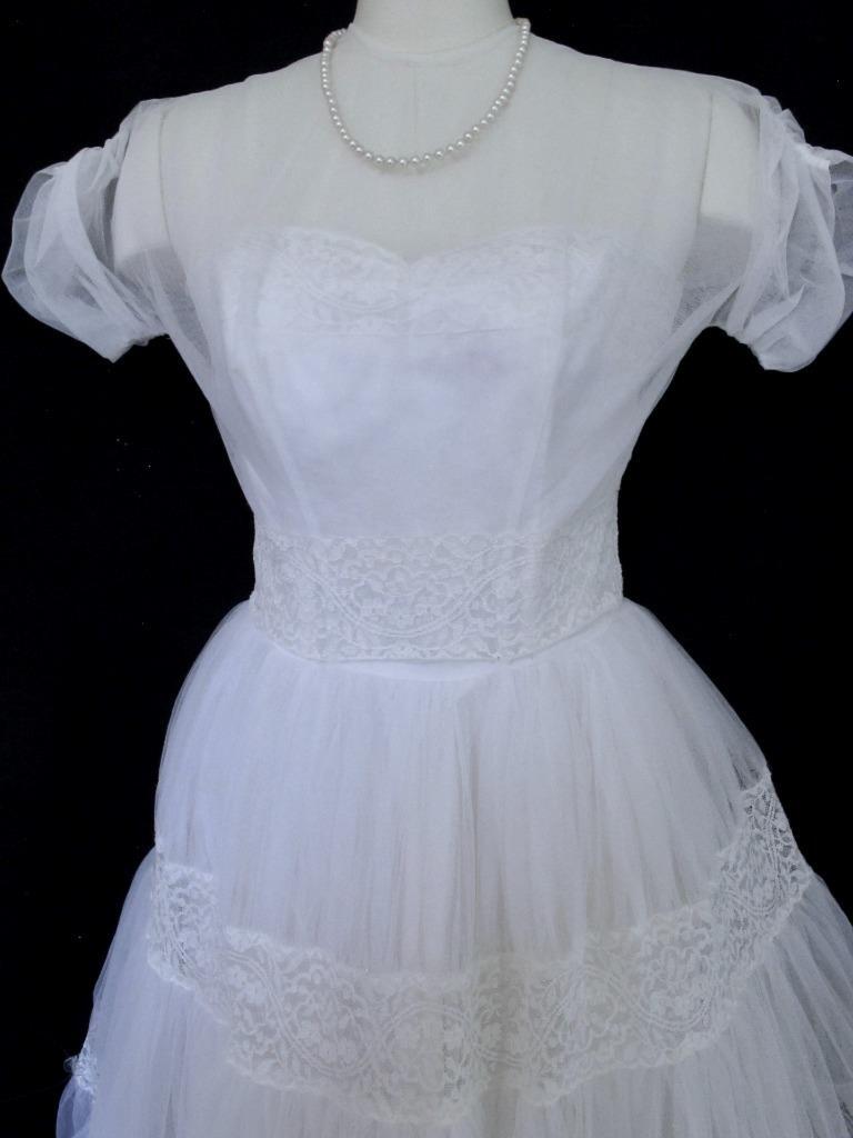 Vintage 50s Emma Domb White Tulle & Lace 2pc Wedding or Prom Dress Tiered Ruffle