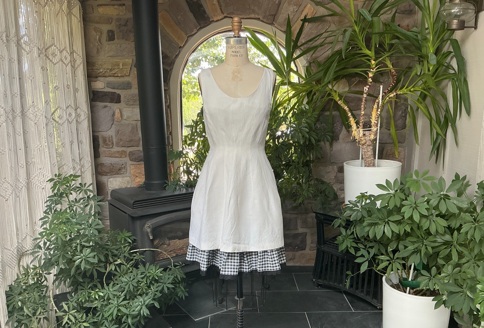 Vintage 1990s Ivory Linen Black and White Gingham Ruffle Dress Scaravelli