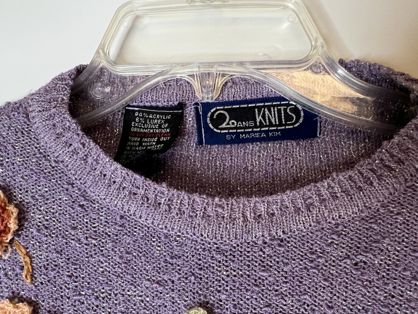 Vintage Mariea Kim Purple Metallic Sweater Embroidered Flowers Faux Pearls-M