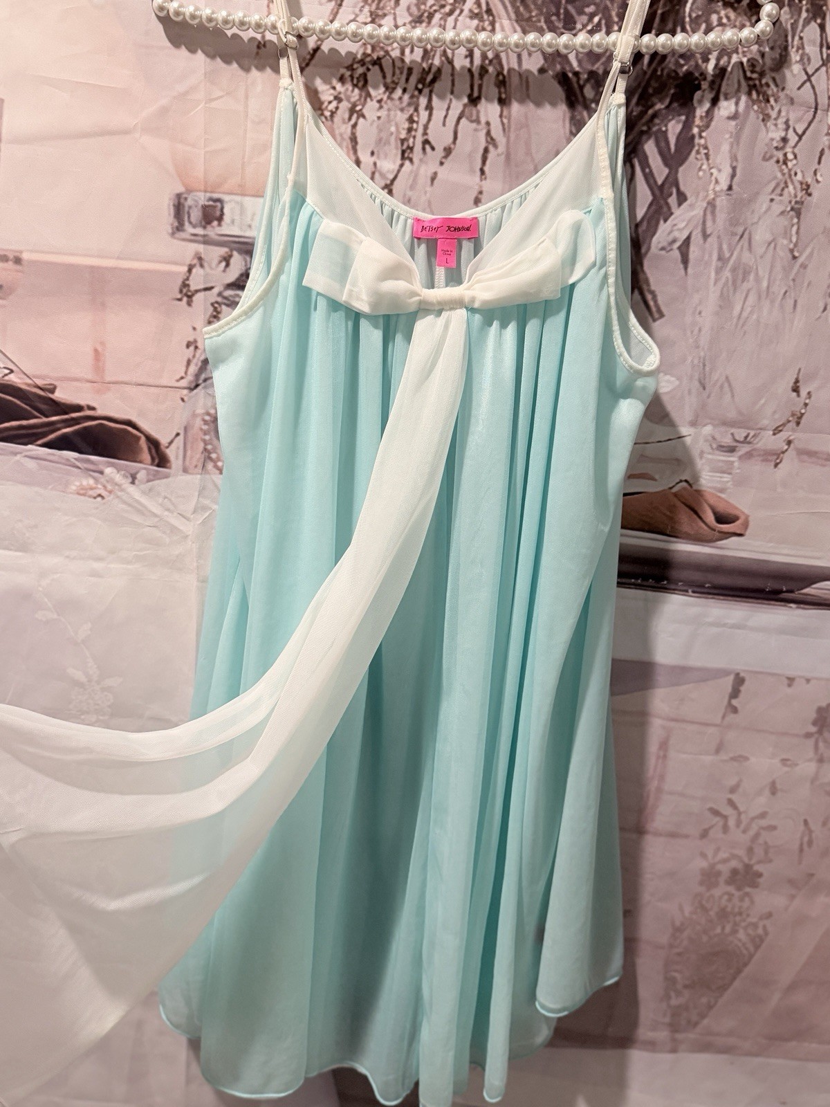 VTG Y2K Women’s Betsey Johnson Bluish Teal White Bow Babydoll Flowy Slip Dress L