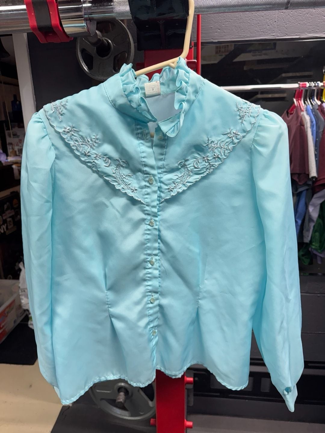 Vintage 1970s Baby Blue Polyester Ruffle Neck Embroidered Blouse