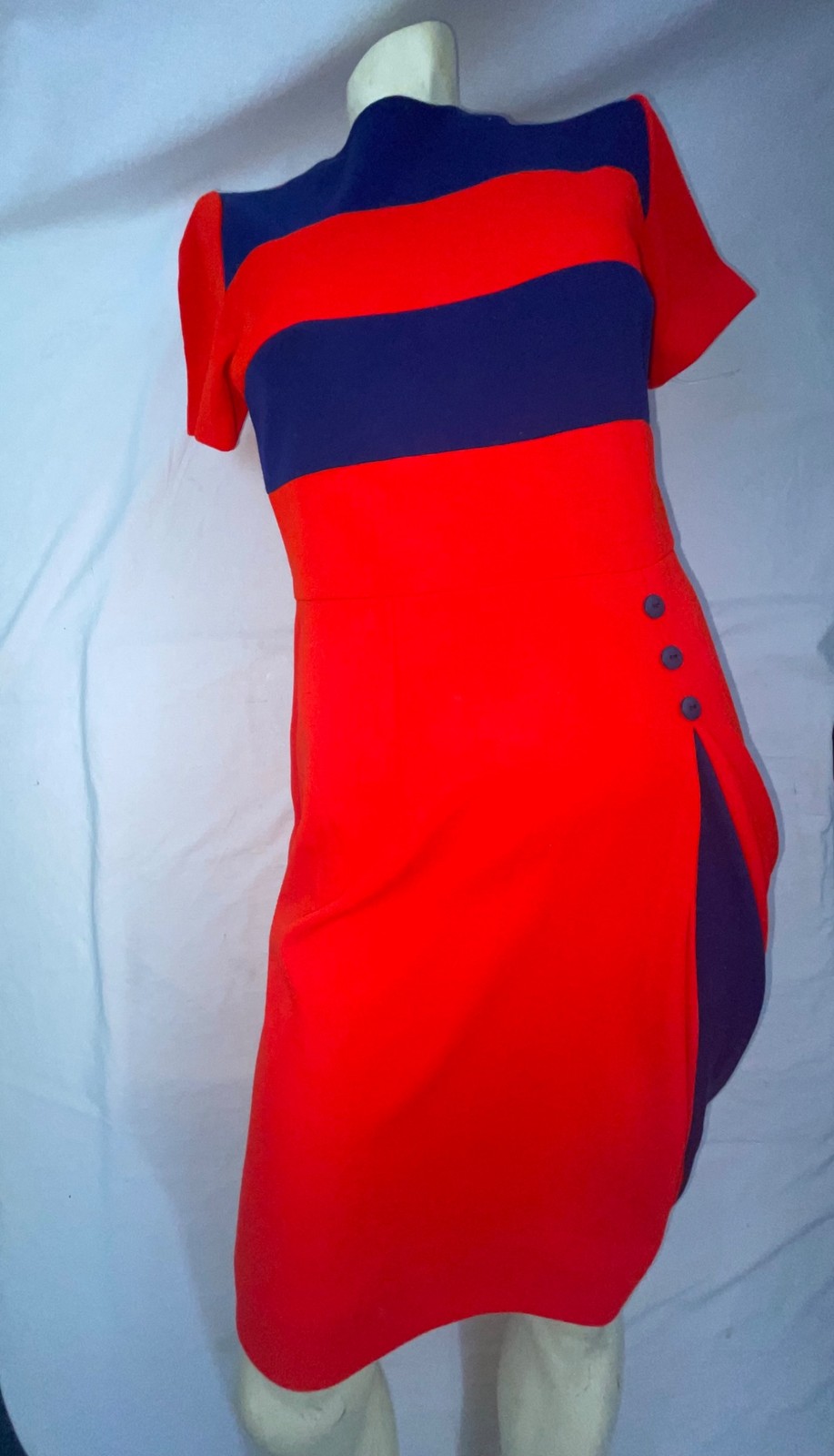 VTG 60S 70S WOMENS S RED BLUE STRIPE ACRYLIC DISCO RETRO GOGO MOD DRESS