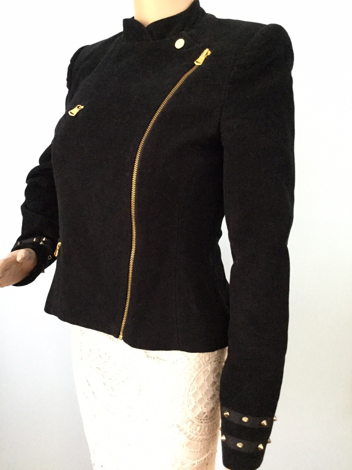 Elegant Gold Stud Zipper Zara Black Trafaluc Moto Jacket Coat Womens M Biker