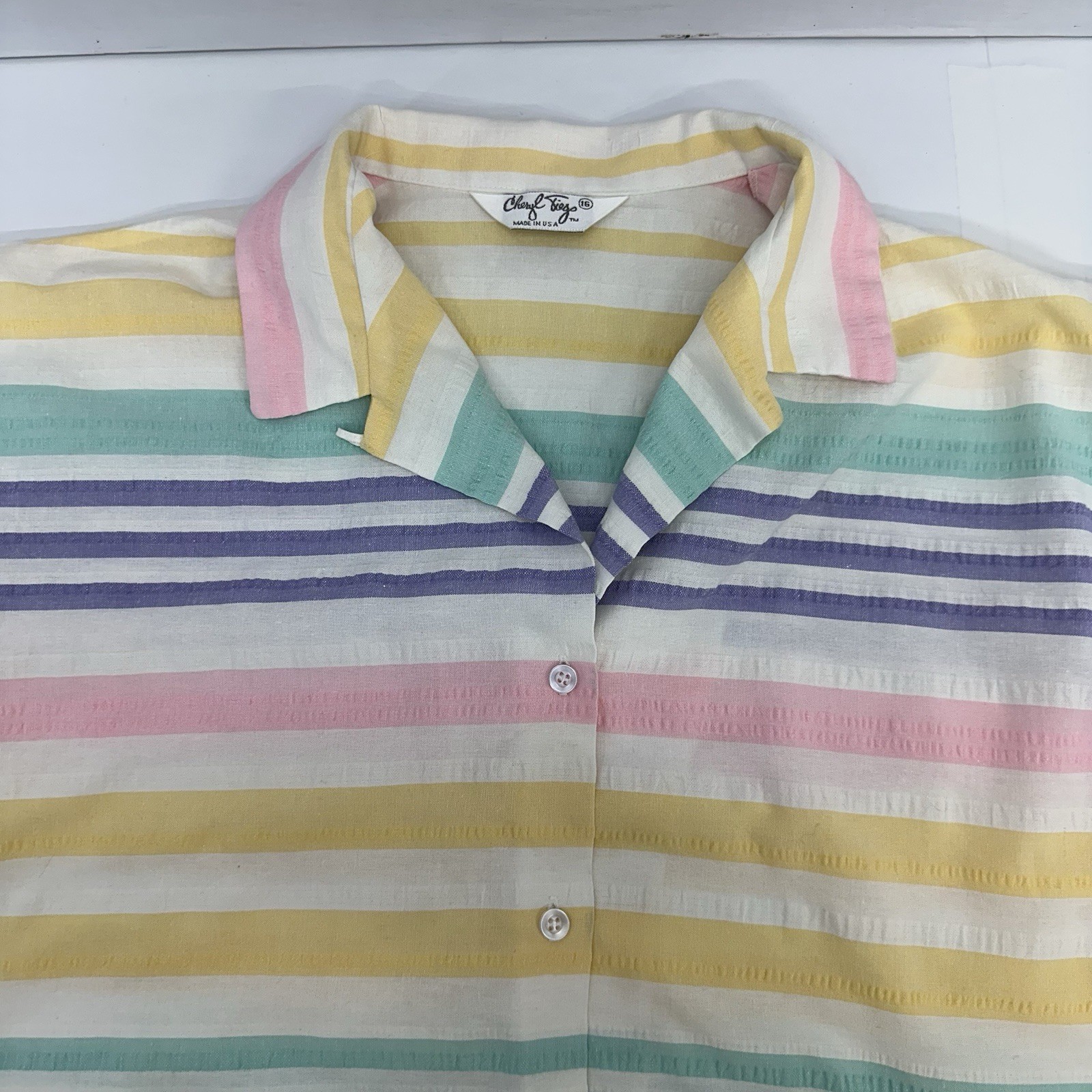 Cheryl Tiegs VTG Womans Pastel Striped Short Sleeve Button Up Shirt USA 16 READ