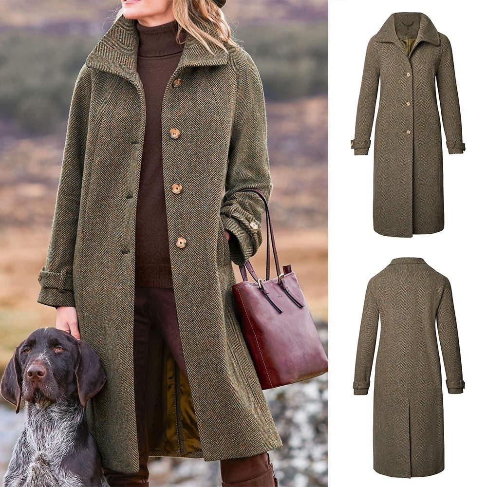 Tweed Womens Herringbone Coat Wool Blend Single Breasted Everyday Casual All Weather