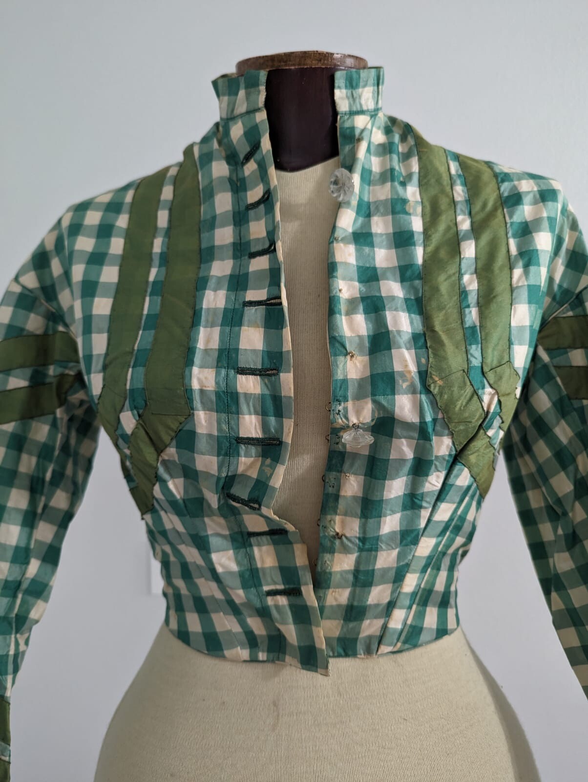 CIVIL WAR 1860’S GREEN CHECK SILK TAFFETA BODICE W/ SILK STRIPE DETAIL