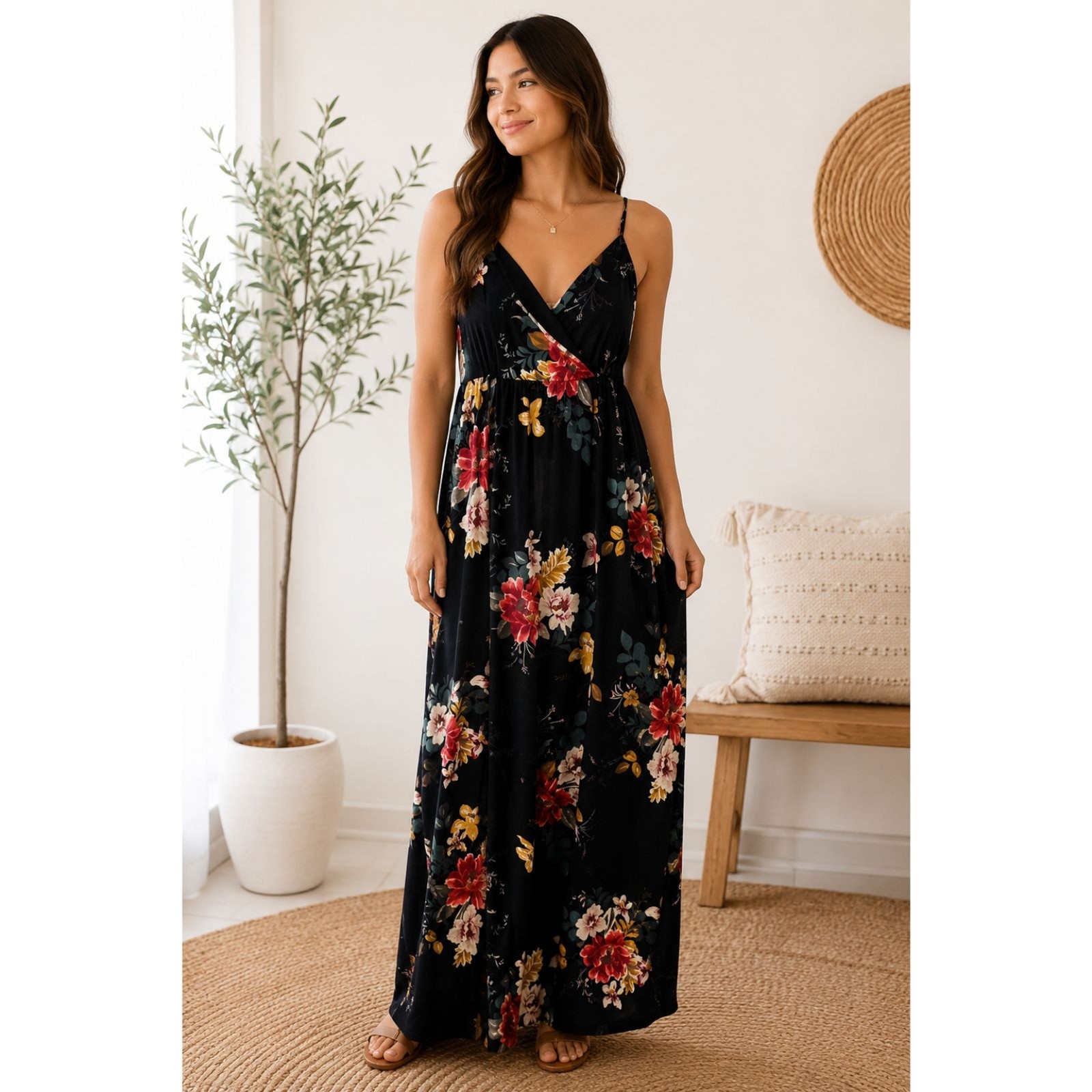 Active USA Women’s Large Black Floral Maxi Dress V Neck Adjustable Strap