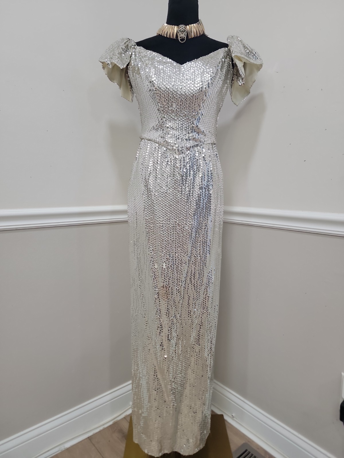 VTG 80s Alice Designs Silver Sequin Beaded Evening Gown Formal Prom Dress