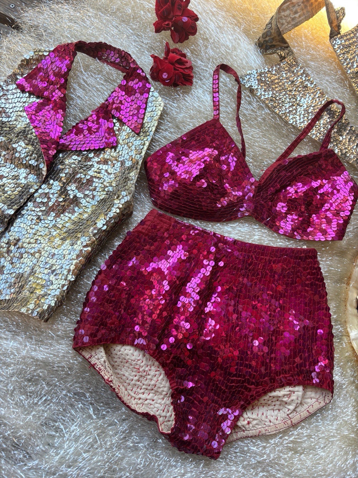 1930s sequined 7-piece showgirl costume ensemble Silver Pink Burlesque