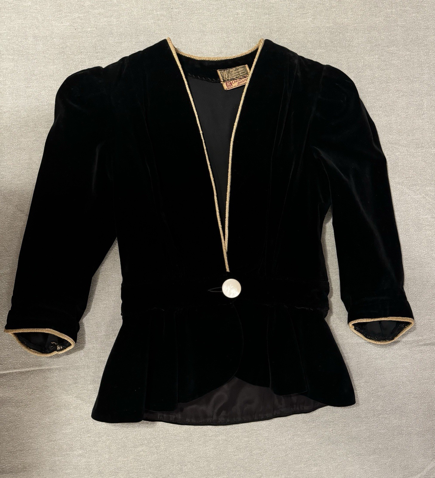 Vintage New Feather Black Velvet Jacket 1940s Gold Trim AC Union USA Peplum
