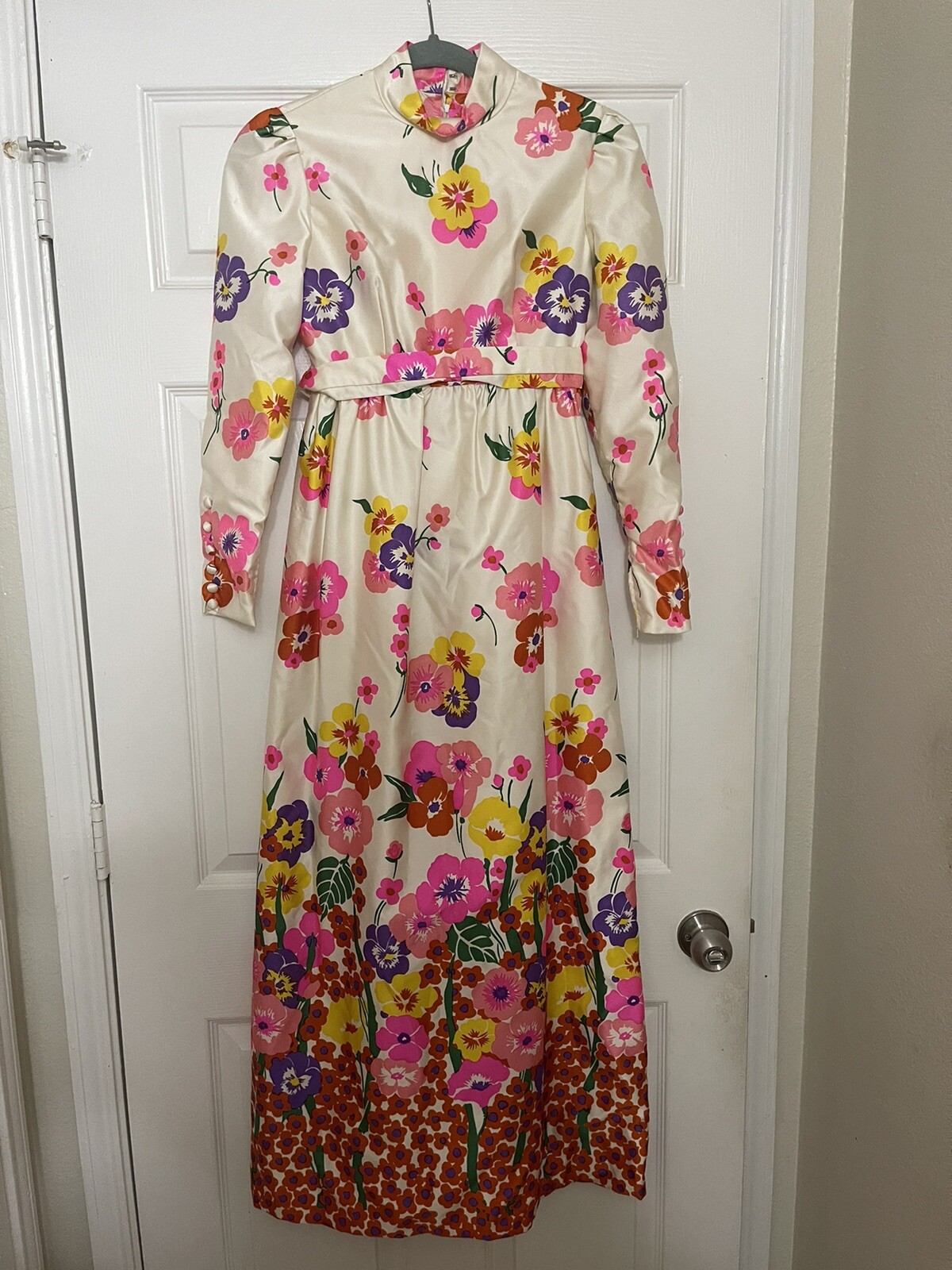 Vintage Joan Leslie for Kasper satin high neck floral maxi dress