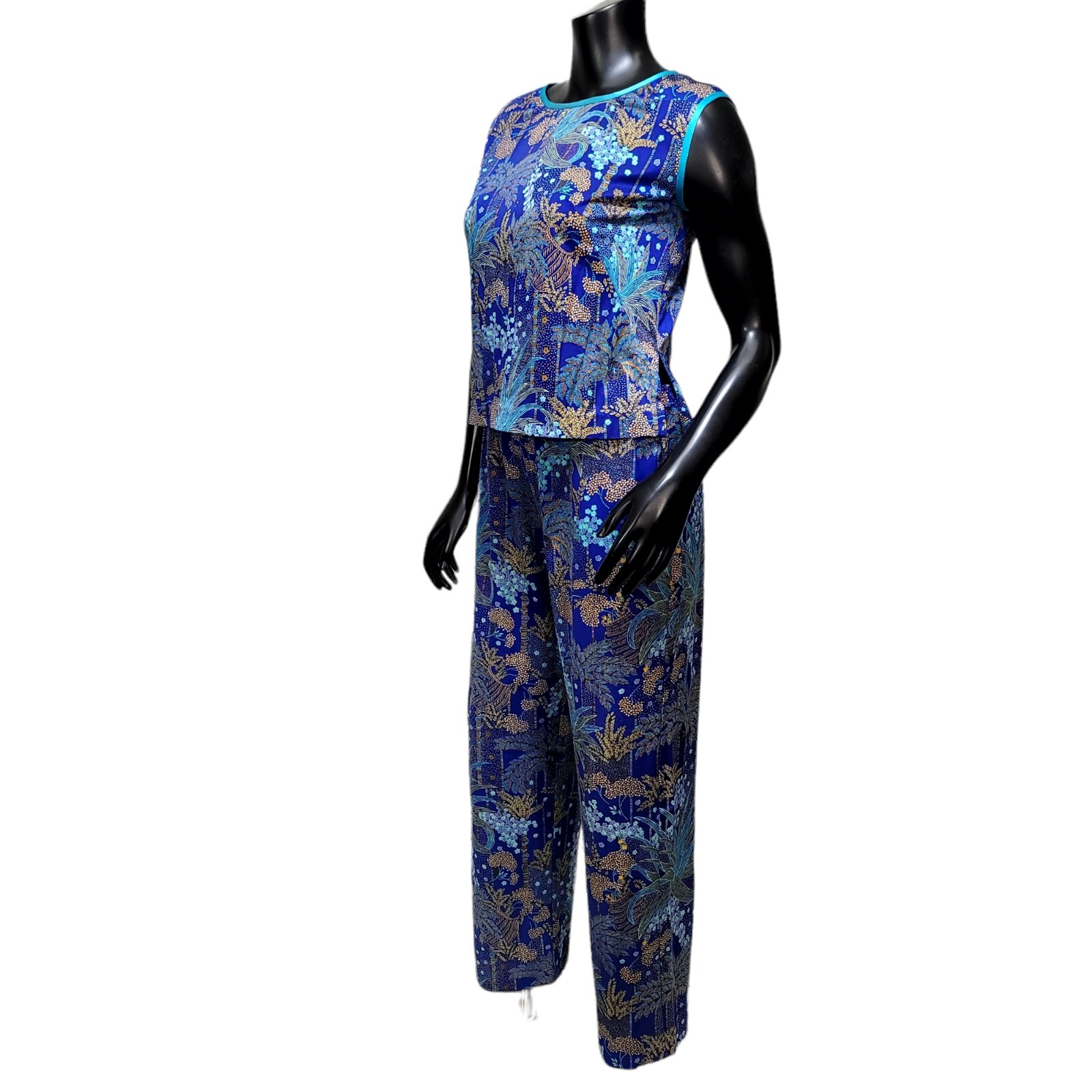 Vintage 70s Blue Tropical Print Pant Set Womens M Lounge Resort Mod 2 Piece USA