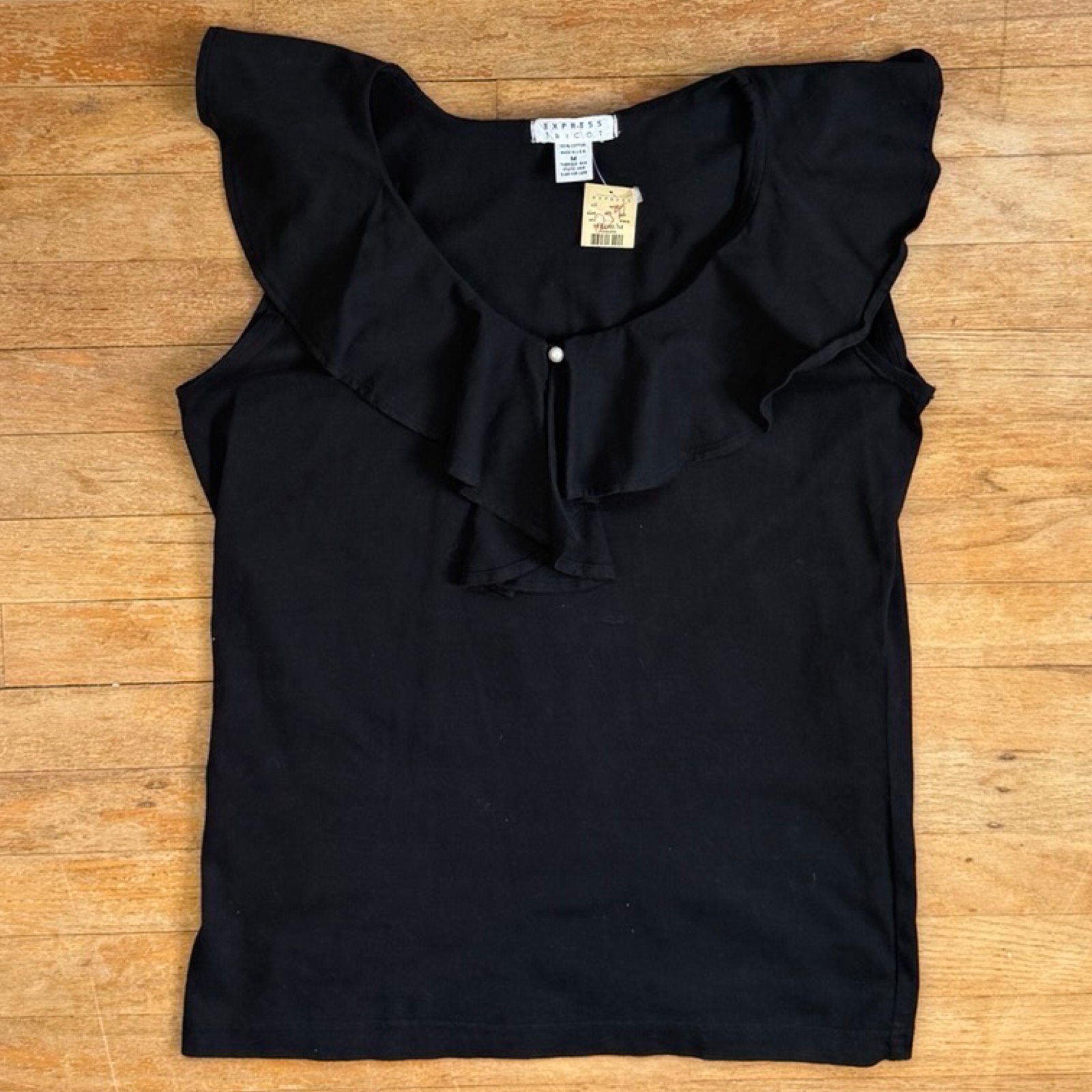 Vintage Black Ruffled Tank Top Size M/L 1990s Express Cotton Sleeveless Shirt