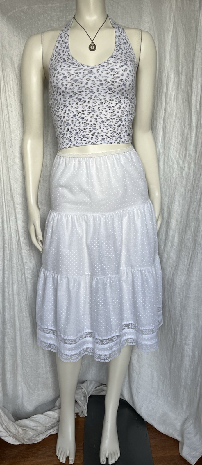 VTG Crinoline Skirt Slip White Swiss Dot Lace Milkmaid Lolita Cottage Prairie XS