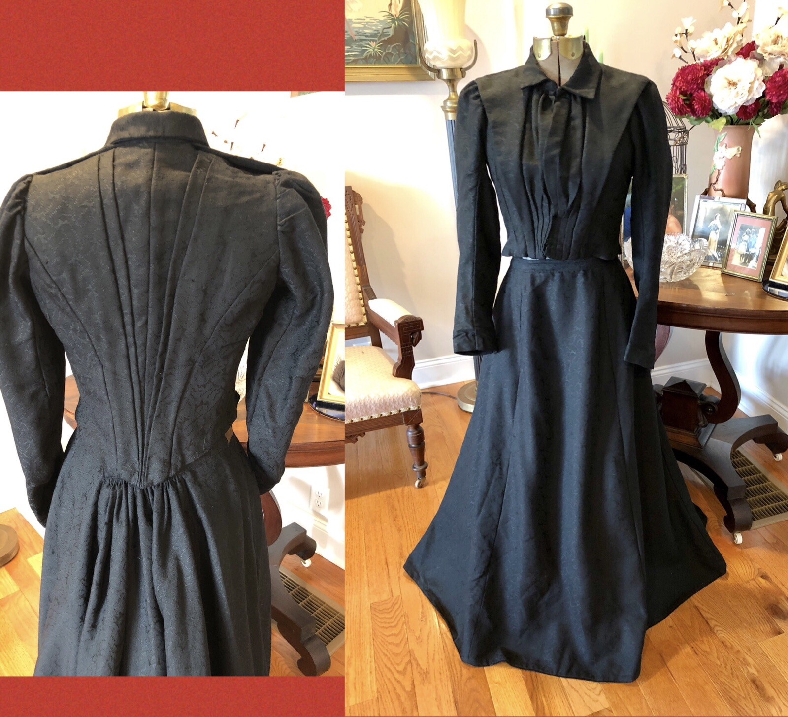 Orig VICTORIAN 1900 Black GIBSON GIRL Jacquard WOOL CHALLIS 2PC DRESS DRESS Exc