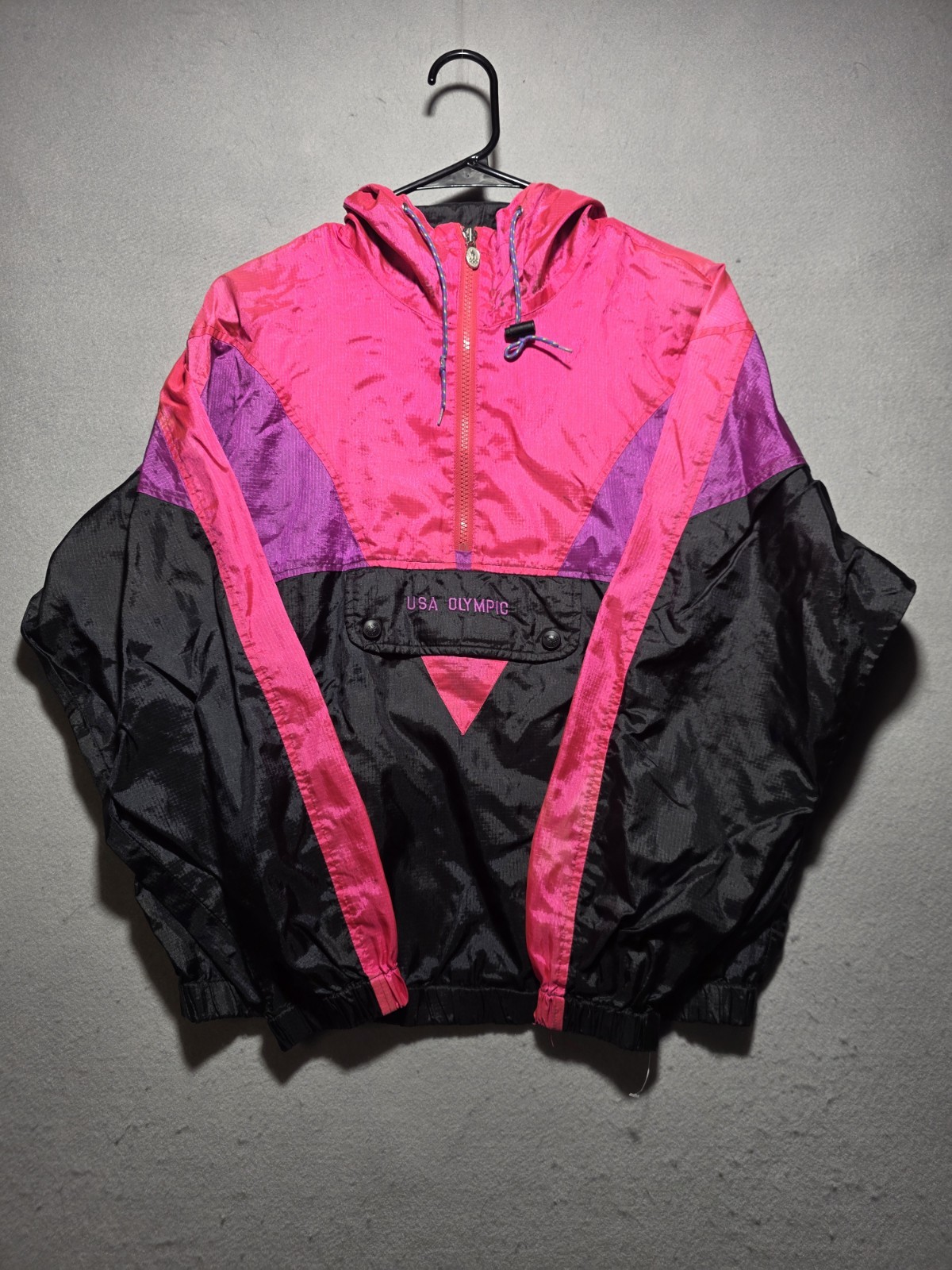 Vintage 90s USA Olympic Windbreaker Pullover Jacket Pink Black Size Small