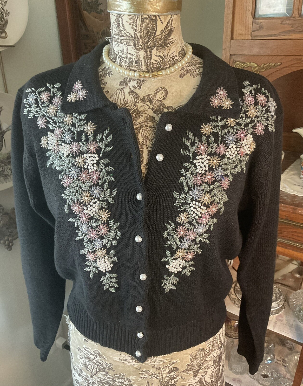 Vintage YARNWORKS Irridescent BEAD Holiday Winter Cotton Cardigan Sweater M