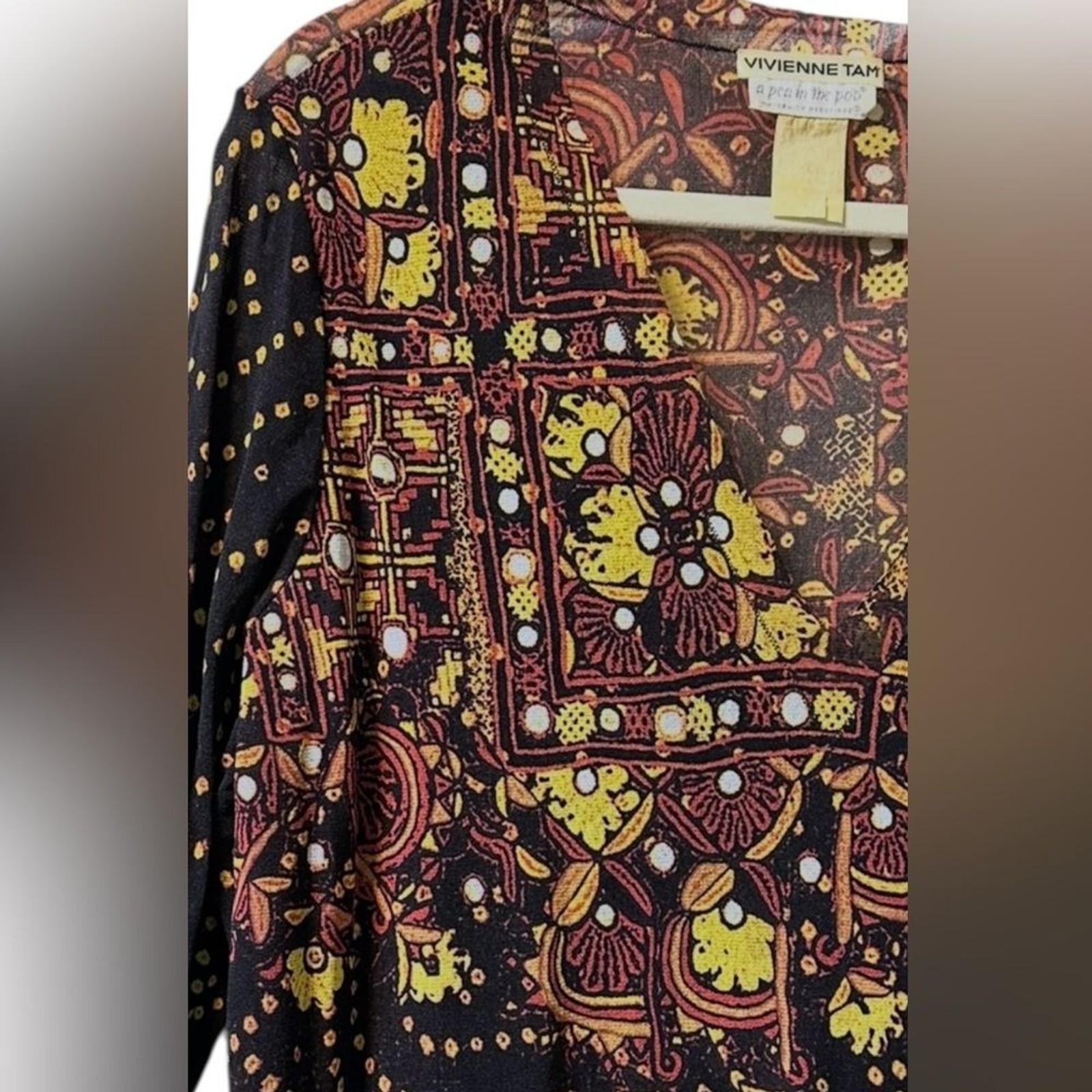 Vivienne Tam Vintage 1990s Black Yellow Floral Boho Print Stretch Mesh Top L XL