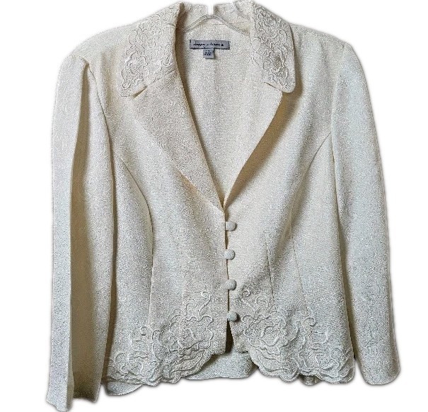 Cottagecore Coquette Danny & Nicole Ivory Brocade Blazer 10 Embroidered Vtg 90s
