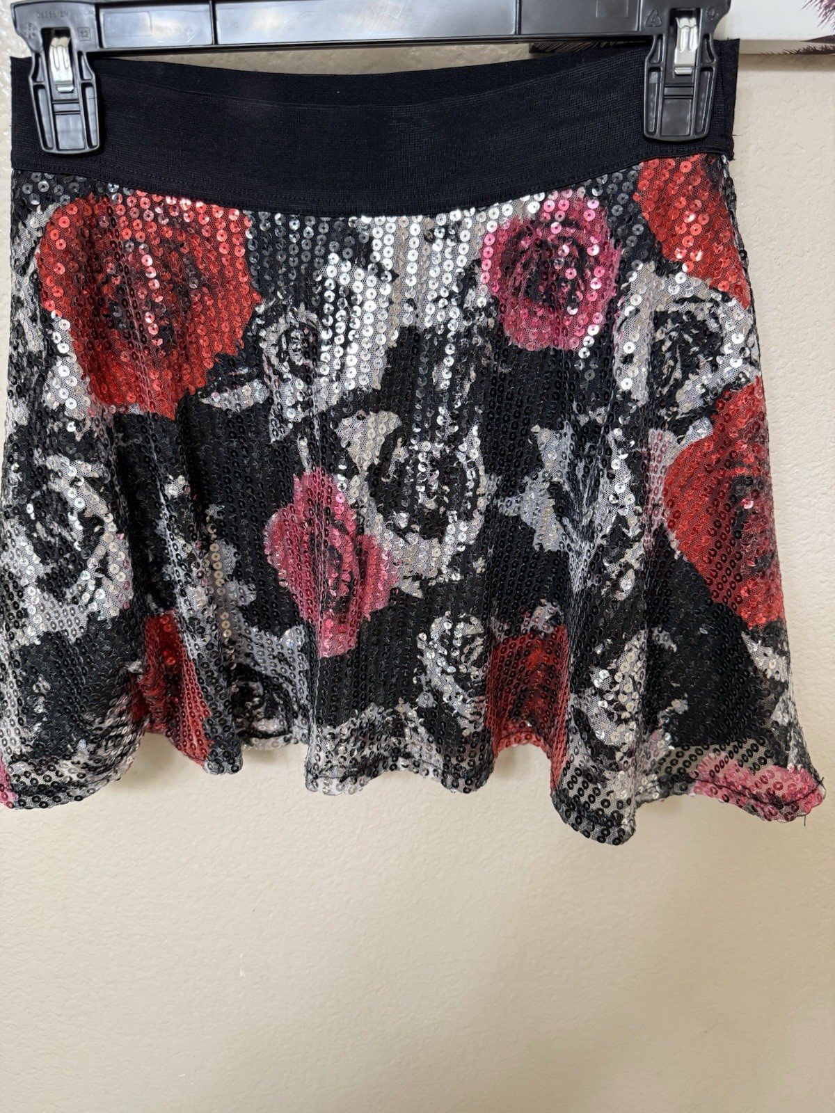 Vintage Justice Sequence Red Black & Silver Roses Mini Skirt, Y2K, Retro, Skater