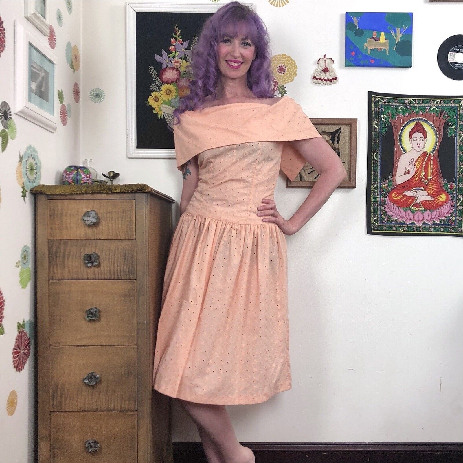 Vintage Eyelet Dress, 1980s Peach Cotton Cottagecore Dress, Off-Shoulder Size S
