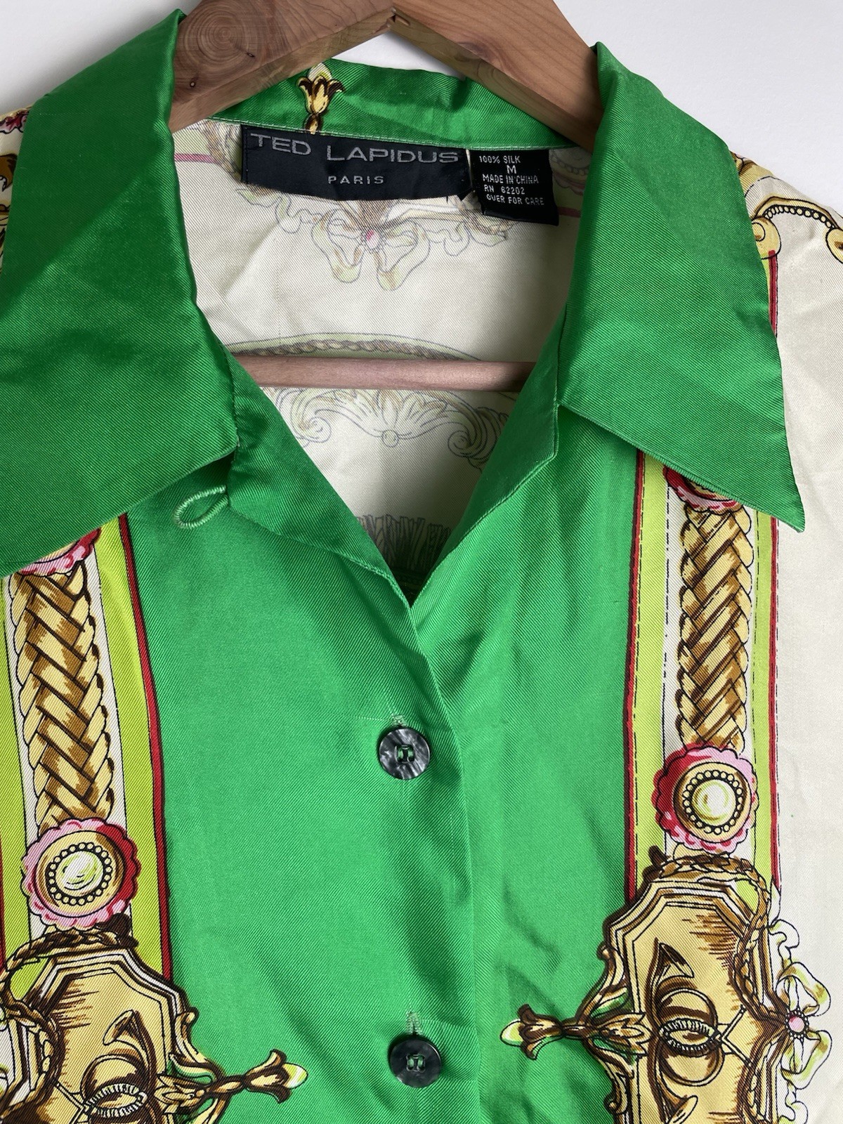 Ted Lapidus Paris Women’s 100% Silk Button Front Blouse Green Size M