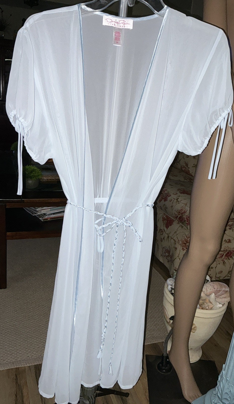 VTG Oscar de la Renta Pink Label Chiffon Robe Sheer BABY BLUE ShortSleeve Sz MED