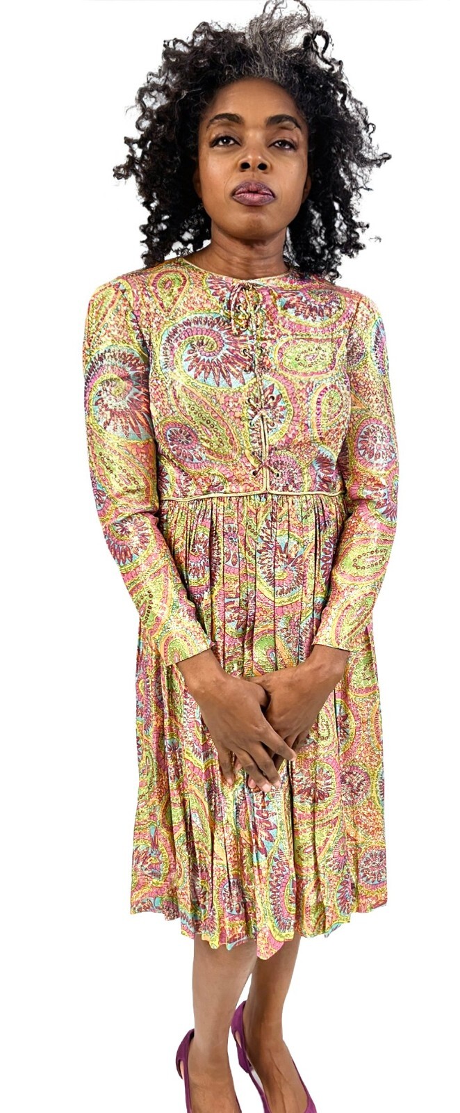 VTG 60s Mary Sachs Metallic Paisley Mod Gogo Dress XS S Rhinestone Detail
