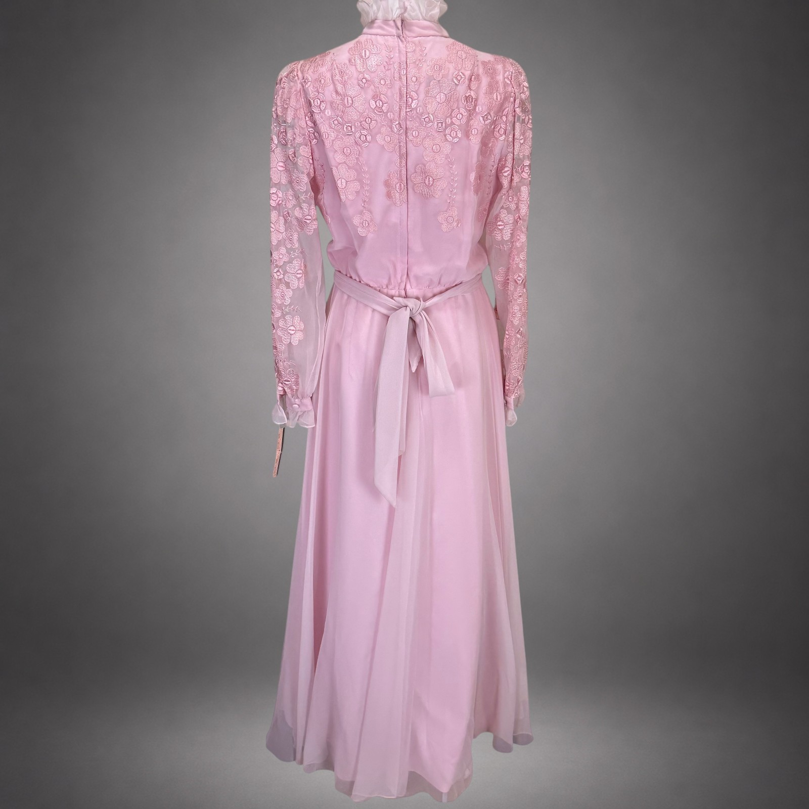 Vintage Miss Elliette California Pink Embroidered Chiffon Maxi Dress Size 12 NWT