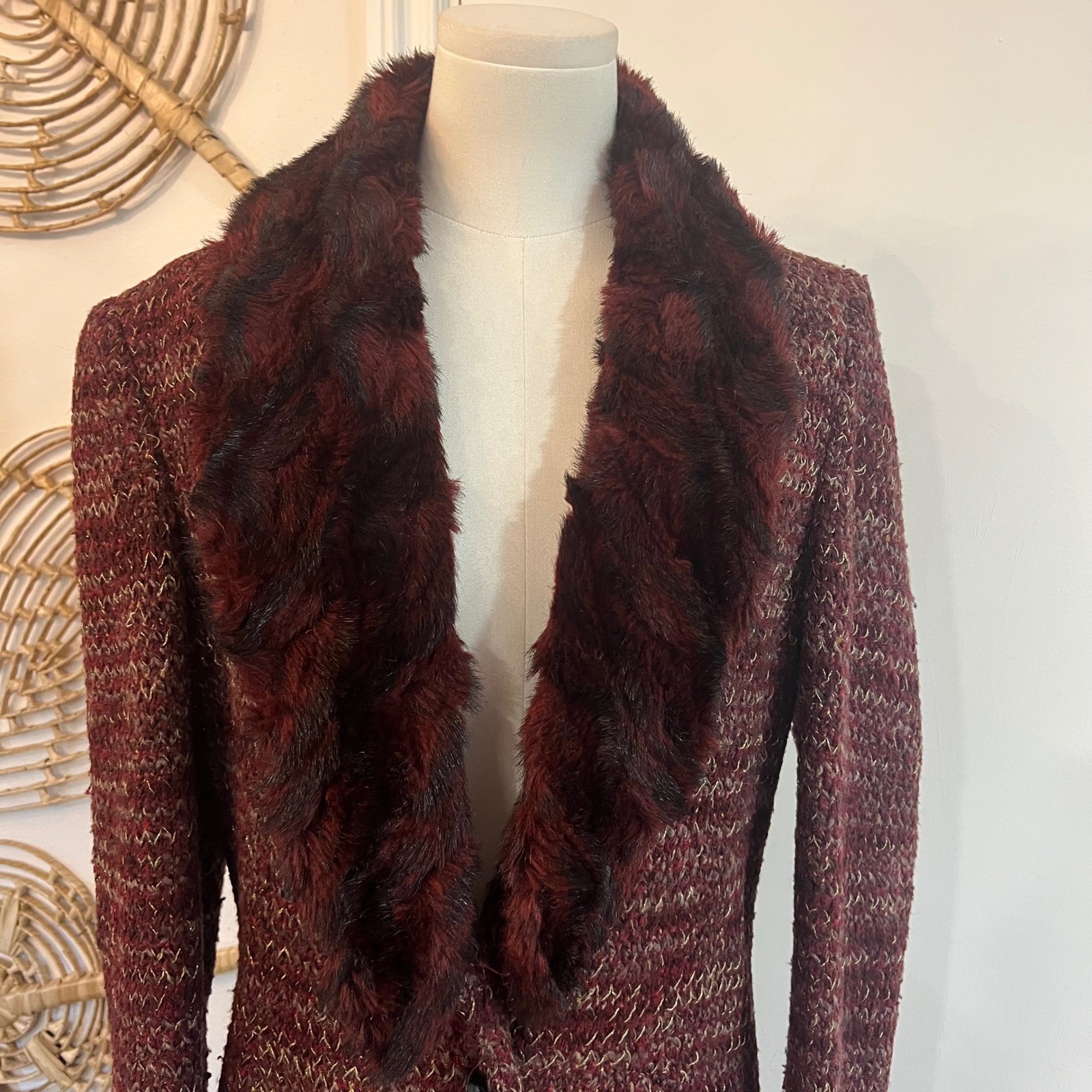 Rare 90s Sui by Anna Sui Italy Faux Fur Collar Long Tweed Coat Whimsigoth IT 44
