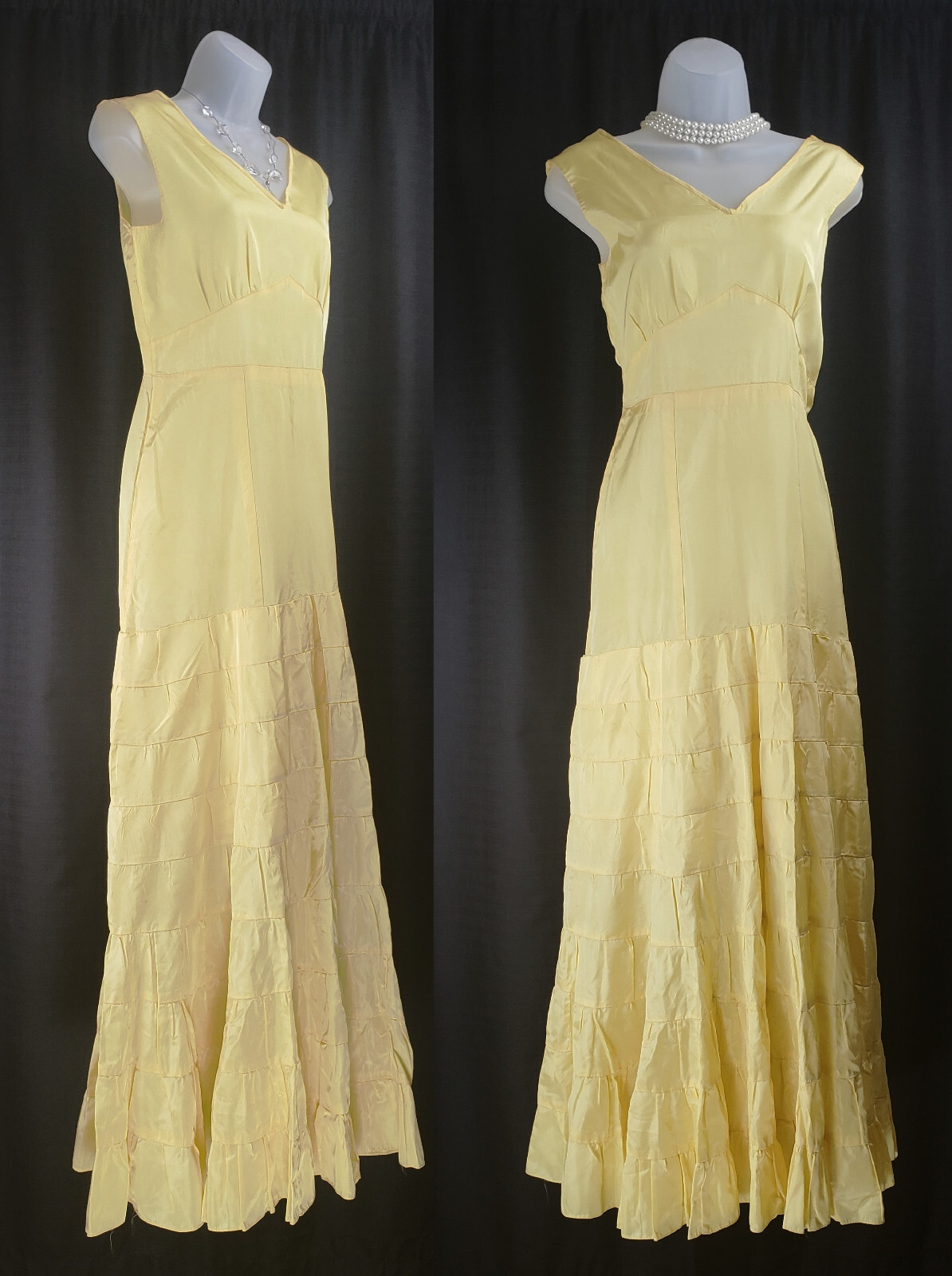 Gorgeous 1930s yellow Taffeta Gown Dress~ 9 rows gathered tiered~ bridal SM